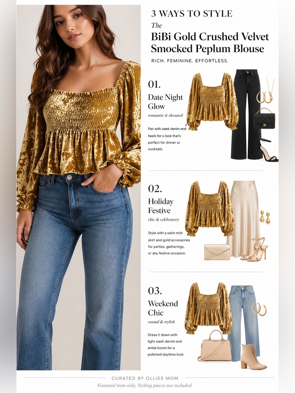 BiBi Gold Crushed Velvet Smocked Peplum Blouse